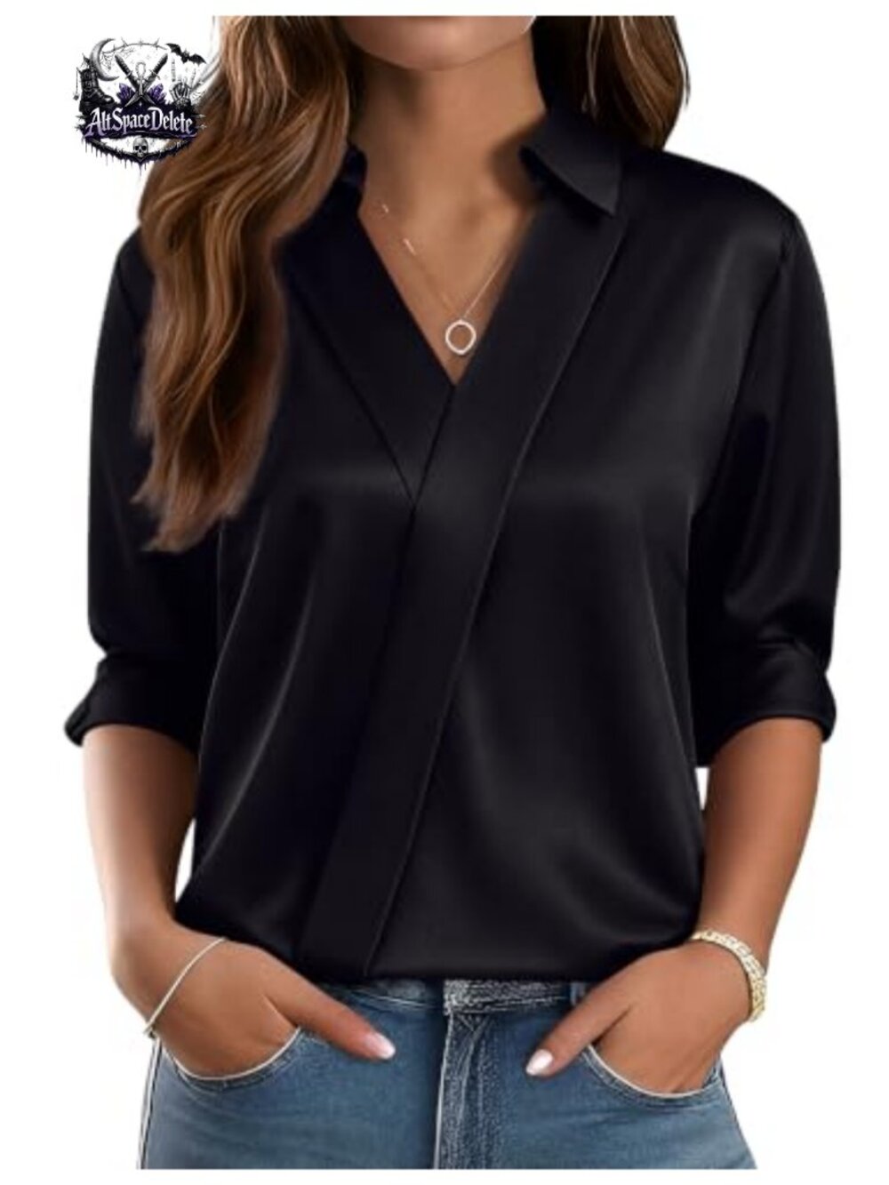 Satin V Neck Long Sleeve Blouse Collared Dressy Business Casual Top